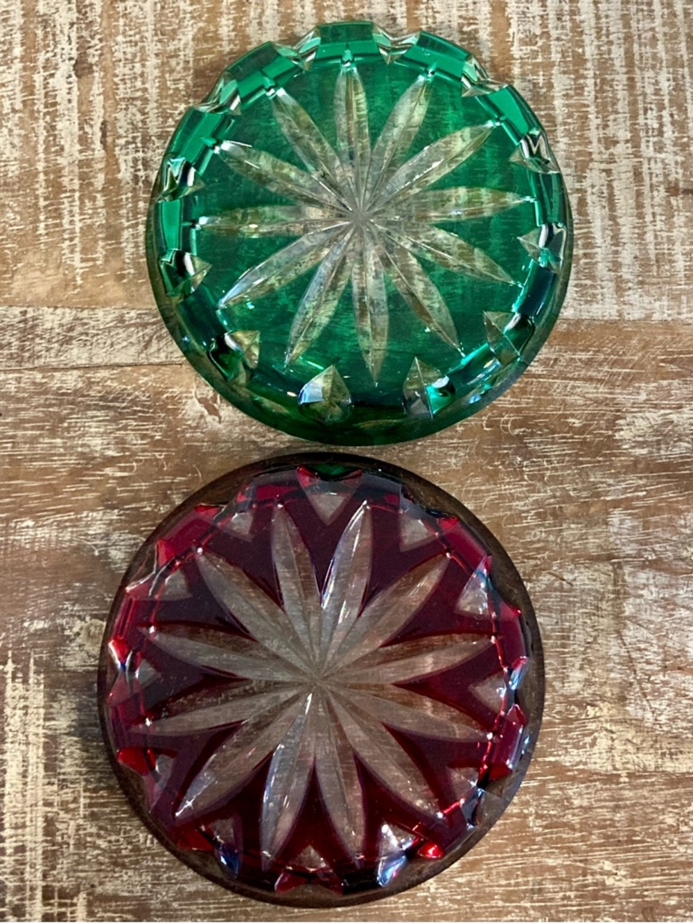 Faberge Xenia Drink Coasters Cut Crystal Red and Green with Starburst Pattern - Picture 6 of 16